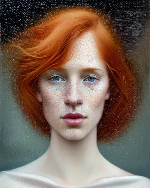 Prompt: portrait of an ethereal ginger beauty in the rain, wet freckles, by mary jane ansell