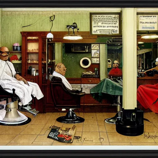 Prompt: pepe the frog at the barbershop by norman rockwell