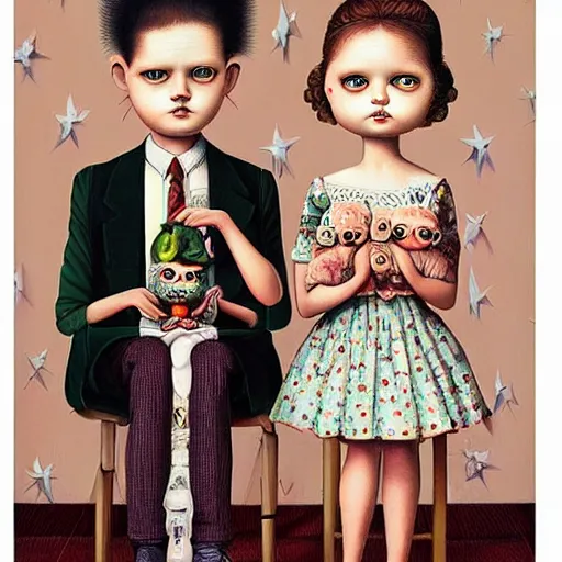 Prompt: a couple and their child portrait, living room wall background, lowbrow art pop surrealism art style, by Mark Ryden and Hikari Shimoda