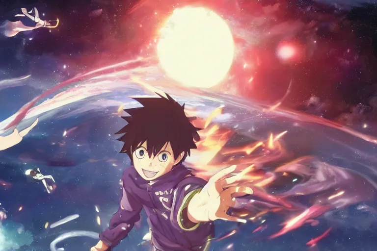 Image similar to Tonemapped Shonen protagonist!! splitting a gas giant in half like Parting of the Red Sea, with pack of Space Whales fly through an interdimensional rift! in background by (Hiromu Arakawa), Makoto Shinkai and (Cain Kuga)