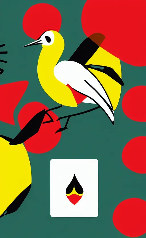 Image similar to poker card style, simple, modern look, colorful, japanese crane bird symbol in center, pines symbols, maintain aspect ratio, turchese and yellow and red and black, vivid contrasts, for junior, smart design, backed on kickstarter