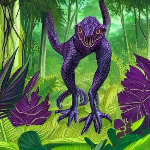 Prompt: Concept art of a scaly raptor-like alien creature, surrounded by a lush alien jungle with purple flora