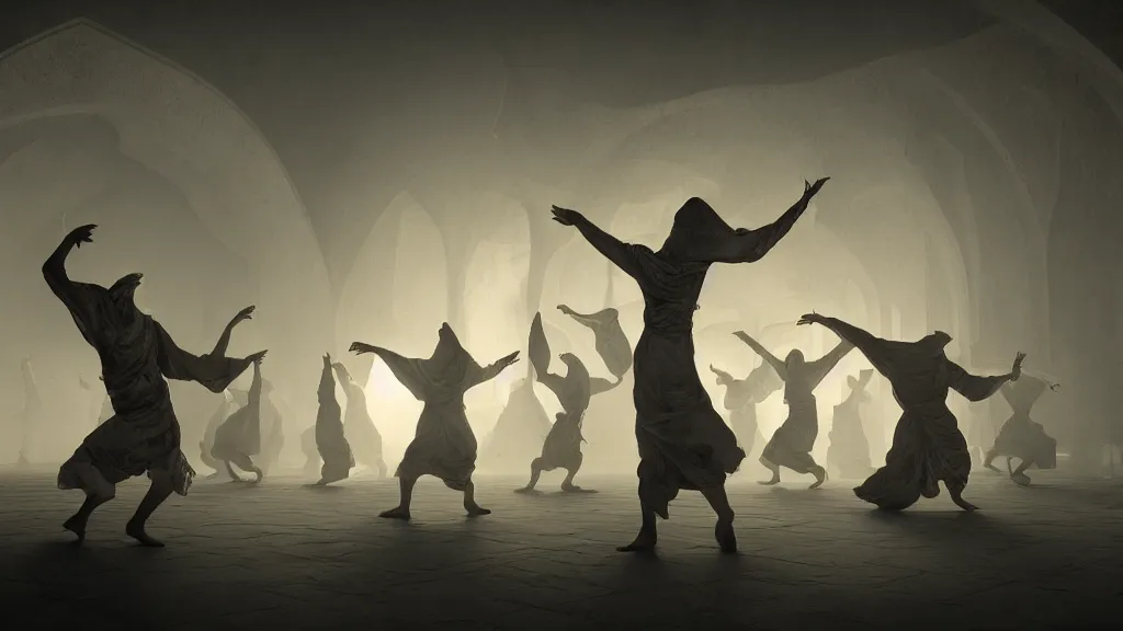 Image similar to tyrkisk sufi dance, sufi, arabic words, bysintine, gothic, 4 k, smokey, michael whelan, peter mohrbache, giovanni paolo panini style epic, volumetric light, insanely detailed, unreal engine render, artstation trends, hyper detail, epic art style, cinematic, concept art, soft white gold lights