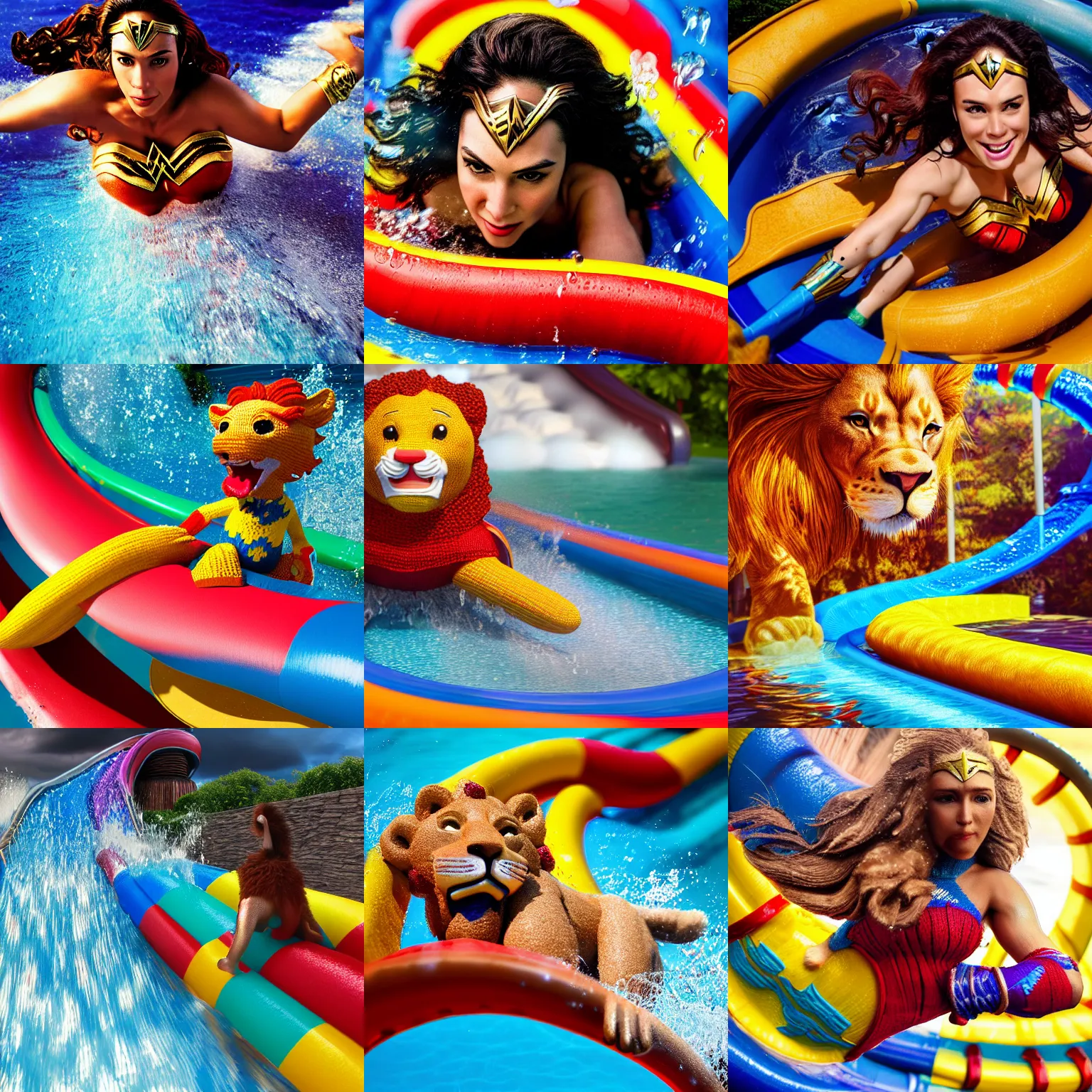 Prompt: a closeup photorealistic photograph of a colorful knitted wonder woman style lion riding down a water slide. splashing. professional capture. bright scene. this 4 k hd image is trending on artstation, featured on behance, well - rendered, extra crisp, features intricate detail, epic composition and the style of unreal engine.