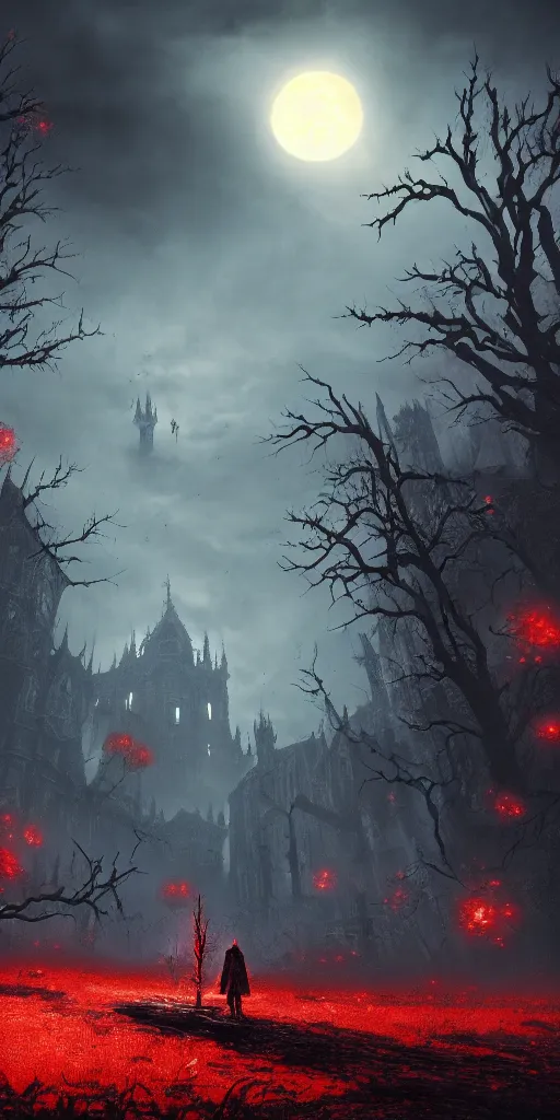 Image similar to abandoned bloodborne old valley with a person at the centre and a ruined gothic city at the end, trees and stars in the background, falling red petals, epic red - orange moonlight, perfect lightning, wallpaper illustration by niko delort and kentaro miura, 4 k, ultra realistic