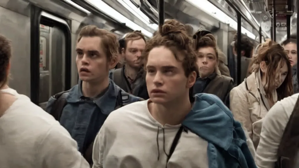 Image similar to an high quality still from an a 2 4 horror movie about riding the subway at night directed by ari aster