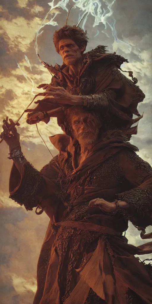 Prompt: willem dafoe, king of mages, makes a spell, dungeons and dragons, masterpiece by edgar maxence and ross tran and michael whelan, gustav dore, 8 k, octane render