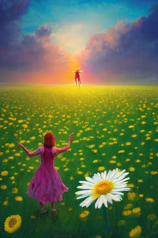 Image similar to giant daisy flower as head, girl dancing in a flower field, surreal photography, sunrise, dramatic light, impressionist painting, colorful clouds, digital painting, artstation, simon stalenhag