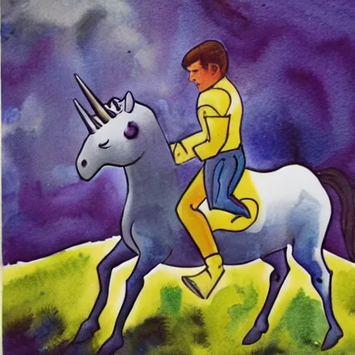 Image similar to wesley crusher riding a unicorn into battle watercolour