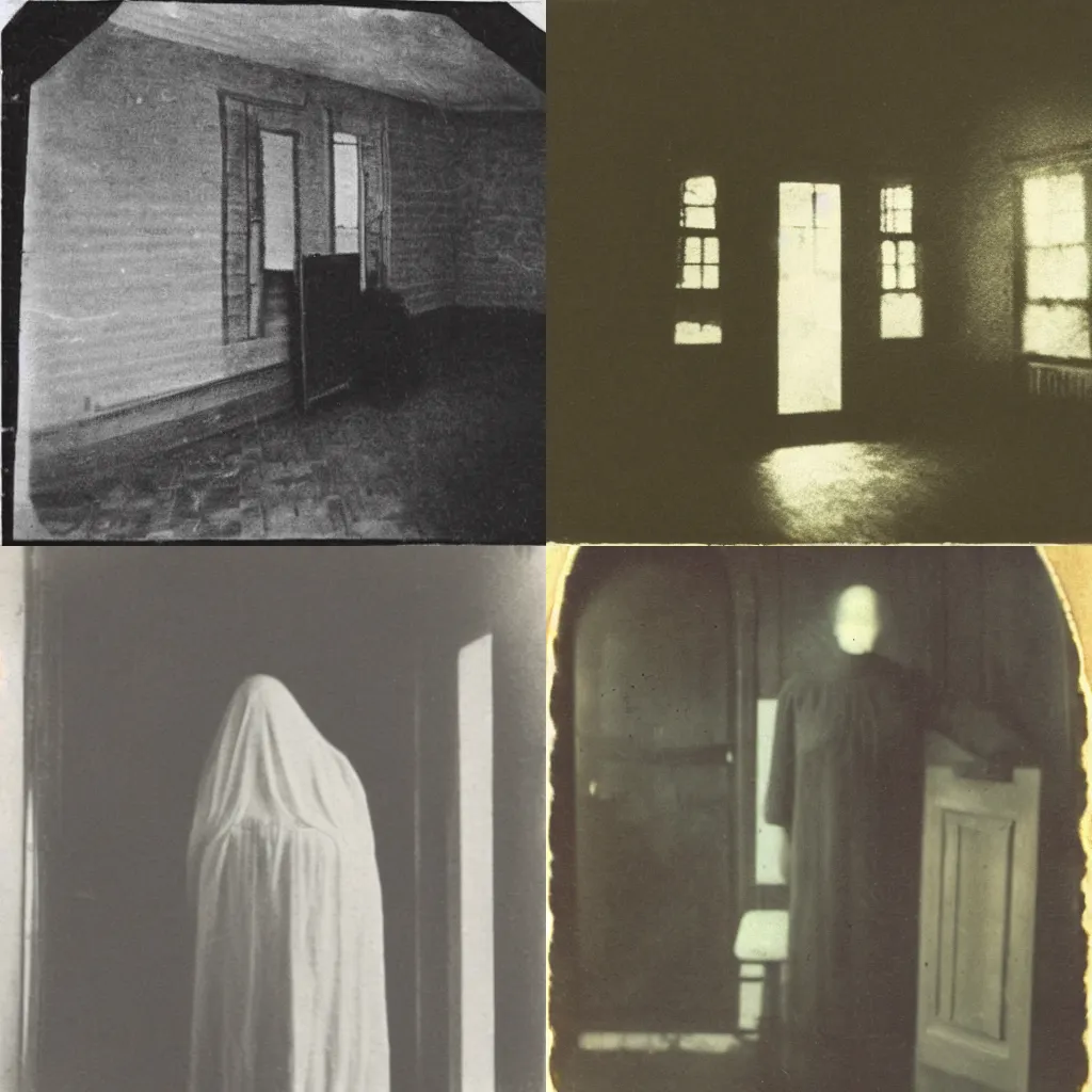 Prompt: early 1900s photo depicting a faded, blurry ghost in an old house