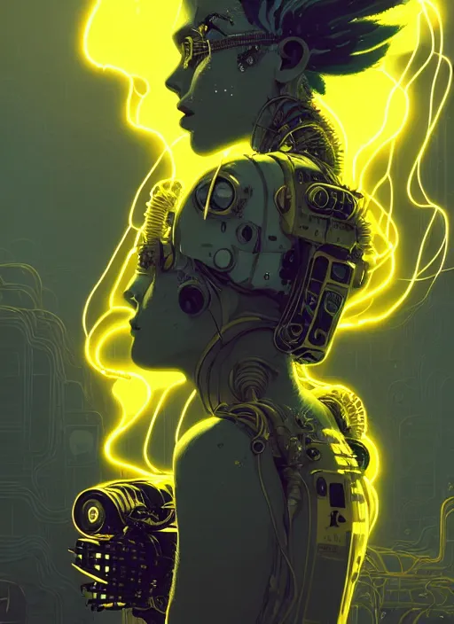 Image similar to highly detailed portrait of wasteland punk long curly glowing yellow and white plasma electricity hair tribal lady, stray electric spark wiring by atey ghailan, james gilleard, by joe fenton, by greg rutkowski, by greg tocchini, by kaethe butcher, 4 k resolution, gradient yellow, black and white color scheme!!! ( ( lightning cloudy robotic dystopian city background ) )