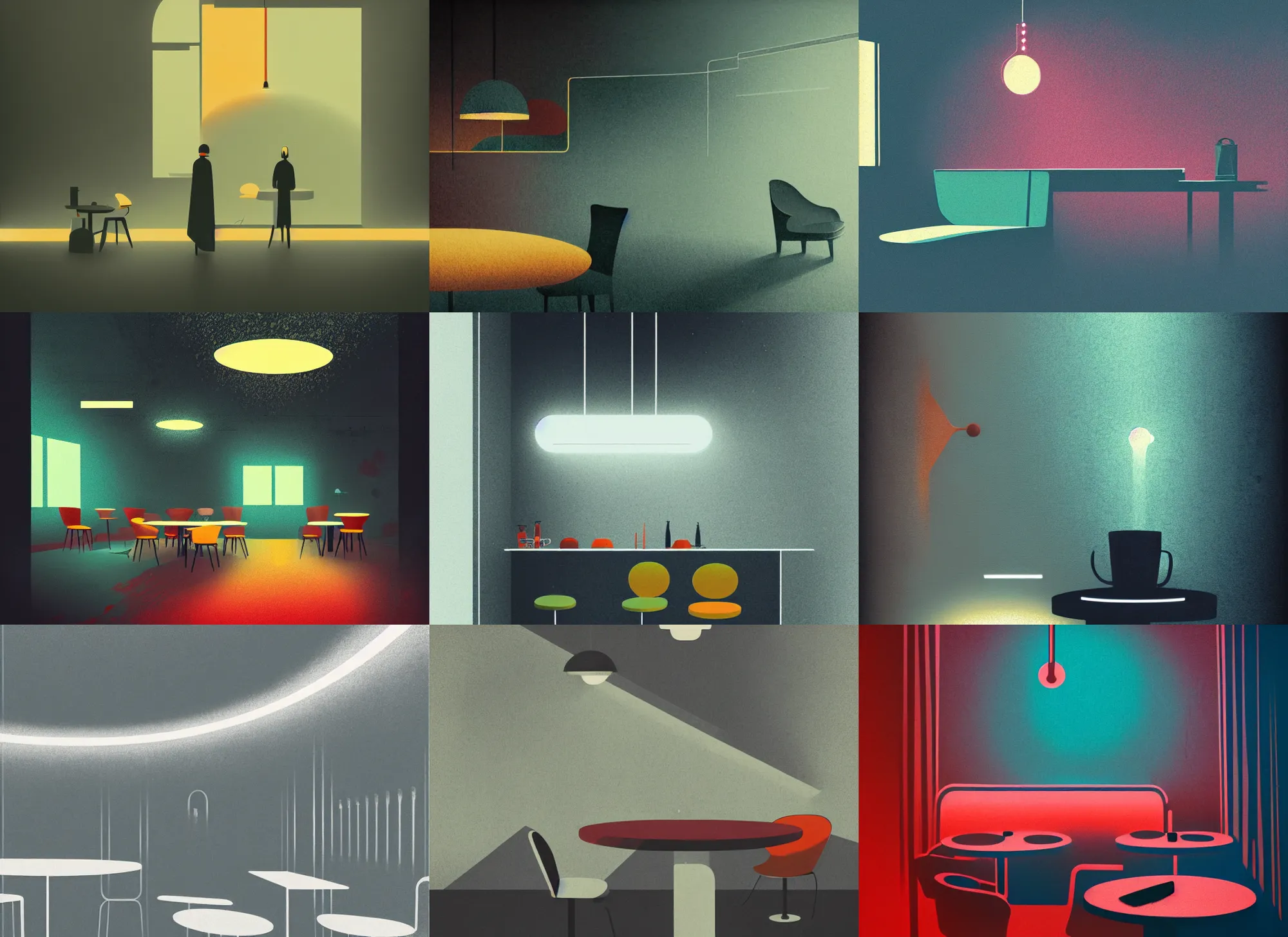 Prompt: illustrated cafe interior, colorful, modern art deco, mads berg, karolis strautniekas, christopher balaskas, stippled light, low fog, moody, fine texture, editorial illustration, dramatic lighting, detailed, matte print, muted color, ( ( dieter rams ) )