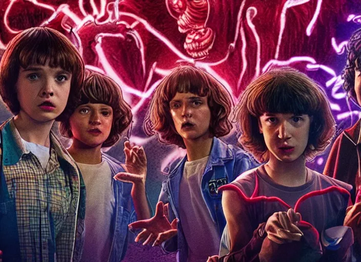 Image similar to the cast of stranger things having a dance battle with the demogorgon, extremely detailed, high quality, 4 k, award - winning,