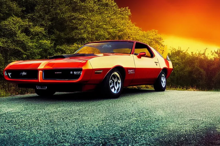 Prompt: pontiac firebird with glowing paint, sunrise, eerie light, fireflies, dramatic, cinematic, forest, sunbeams, volumetric lighting, wide shot, low angle, realistic pokemon looking at car, pokemon, creatures