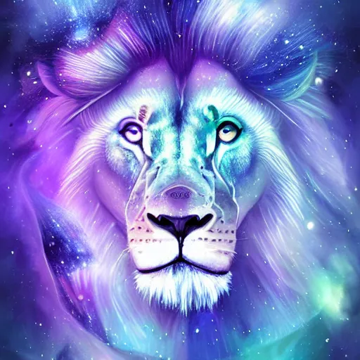 Prompt: geometric lion with galaxy eyes in space, nebula in the background, intricate, elegant, highly detailed, digital painting, artstation, concept art, smooth, sharp focus, illustration, art by artgerm