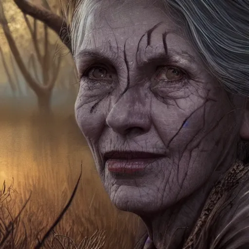 Image similar to fantasy portrait of an energetic old woman with silky, cloudy grey hair, black scars on her face, swamp vegetation in the background, nocturnal palette, dramatic lighting, cinematic, establishing shot, extremely high detail, photo realistic, cinematic lighting, post processed, concept art, artstation, matte painting, style by eddie mendoza, raphael lacoste, alex ross