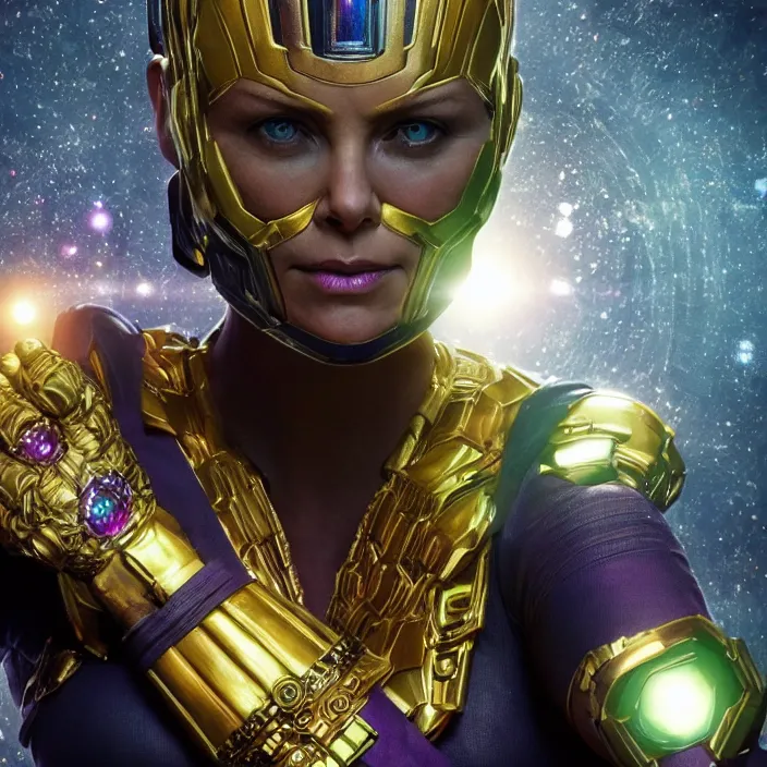 Prompt: (The Infinity Gauntlet), Charlize Theron, intricate artwork. octane render, trending on artstation, very coherent symmetrical artwork. avengers. thanos. cinematic, hyper realism, high detail, octane render, 8k, iridescent accents