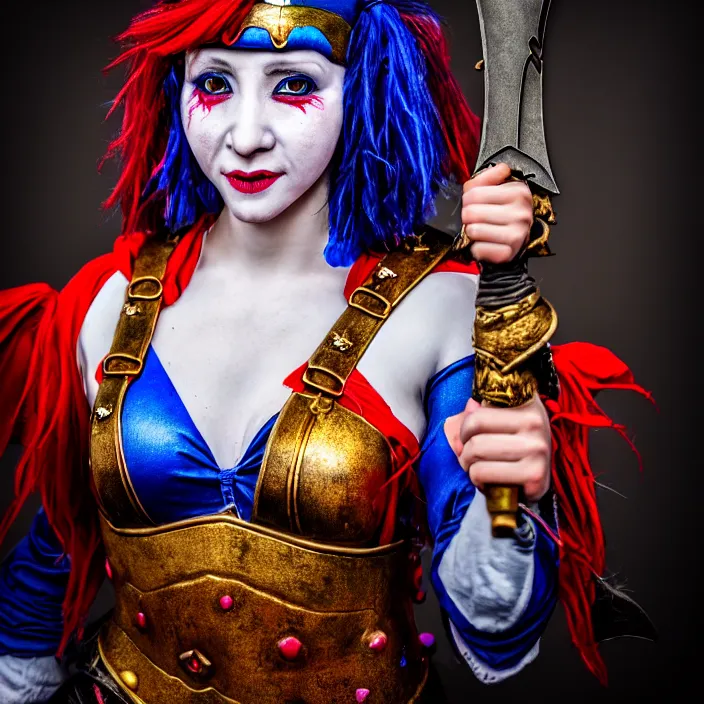 Image similar to photo of a real - life cute beautiful female jester warrior, 8 k, hdr, smooth, sharp focus, high resolution, award - winning photo