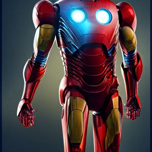 Prompt: H.R. Giger design of Iron Man, full body details, smooth, sharp focus, illustration, realistic, cinematic, artstation, award winning, rgb, ethereal blue lighting, 8K, H 1088