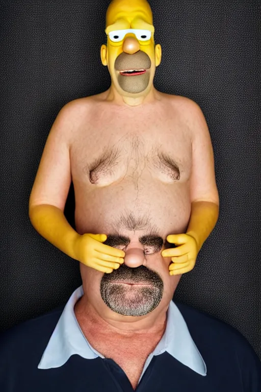 Image similar to studio portrait of man, 4 0 years, homer simpson lookalike, looks like a real life version of homer simpson, as if looking at a cartoon character, soft light, black background, fine skin details, close shot, award winning photo by annie leibovitz