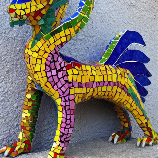 Prompt: mosaic sculpture of a alebrije chimera!!!, irregularly shaped large mosaic tiles, recycled pottery shards, in the style of folk art, in a cottagecore flower garden