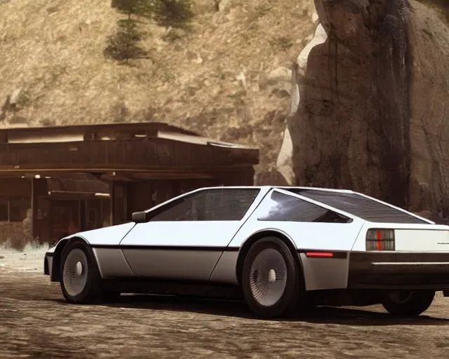 Image similar to updated sleek concept for a delorean, cinematic, photoreal, by red dead redemption 2