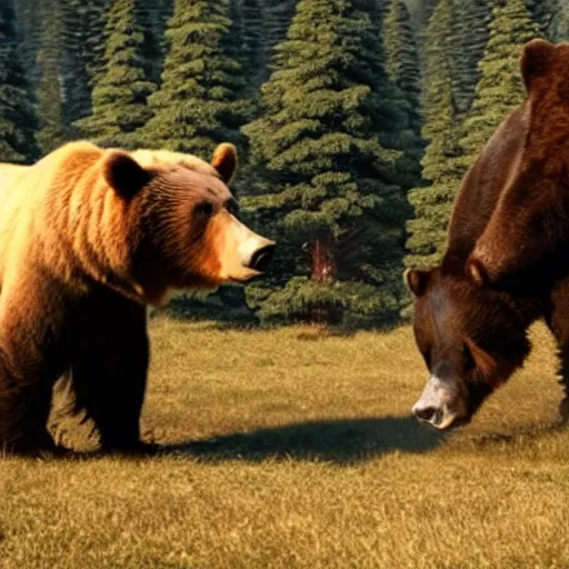 Prompt: film still of a bear and a bull movie 4k