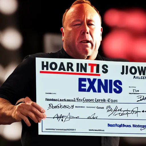 Prompt: alex jones crying while holding a giant cheque, hidden camera, photorealistic, 8k resolution