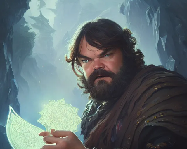 Prompt: photography of jack black, deep focus, d & d, fantasy, intricate, elegant, highly detailed, digital painting, artstation, concept art, matte, sharp focus, illustration, hearthstone, art by artgerm and greg rutkowski and alphonse mucha