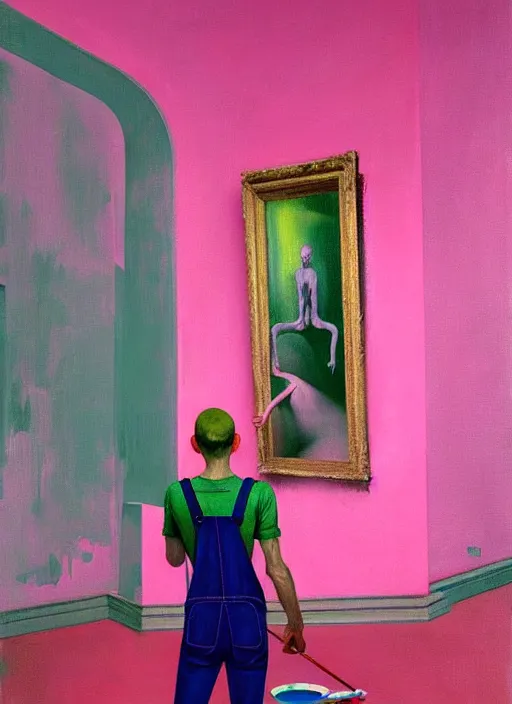 Image similar to a skinny, starving artist wearing overalls, painting the walls inside a grand ornate cathedral, hauntingly surreal, highly detailed painting by francis bacon, edward hopper, adrian ghenie, gerhard richter, and james jean, soft light 4 k in pink, green and blue colour palette