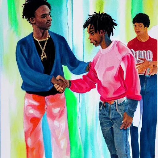 Prompt: painting of Steve Lacy shaking hands with Playboi Carti