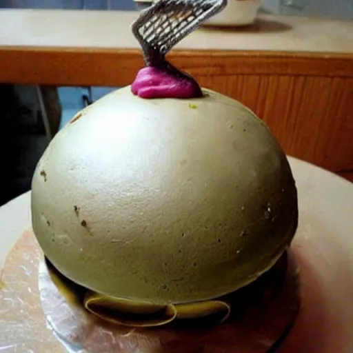 Prompt: a grenade cut in half, it's actually a cake inside