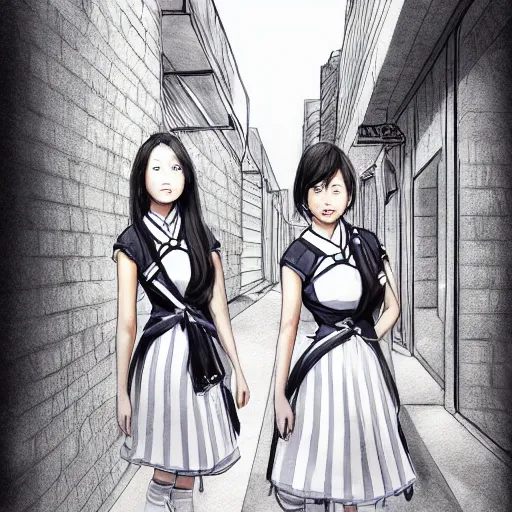 Image similar to a perfect, realistic professional digital sketch of a Japanese schoolgirls posing in a futuristic alleyway, style of Marvel, full length, by pen and watercolor, by a professional American senior artist on ArtStation, a high-quality hollywood-style sketch, on high-quality paper