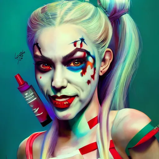 Image similar to Portrait of Harley Quinn but she's a beautiful ape-girl with long pony tails on either side of her head, illustration, by James Jean, artgerm, octane render, by John Coltrane and Marc Simonetti, Manic, graffiti background, kinemacolor, colorful, high detail of the face, full body