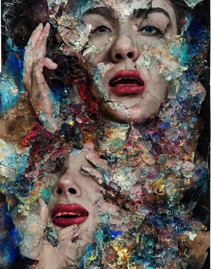 Prompt: screaming celestial midnight orgasm of sophisticated bodies detailed mixed media collage with canvas texture in style of contemporary art, punk art, hyperrealistic beautiful face, photorealism, expressionism, masterpiece, perfect composition, spectacular quality, intricate oil details, broken glass