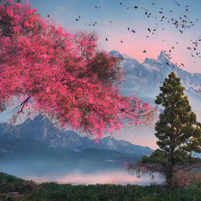 Image similar to a beautiful awesome artistic tree with falling flowers like leaves and many birds, all in the amazing outdoors view, mountain in the background, lake, long exposure, 8 k resolution, trending on artstation