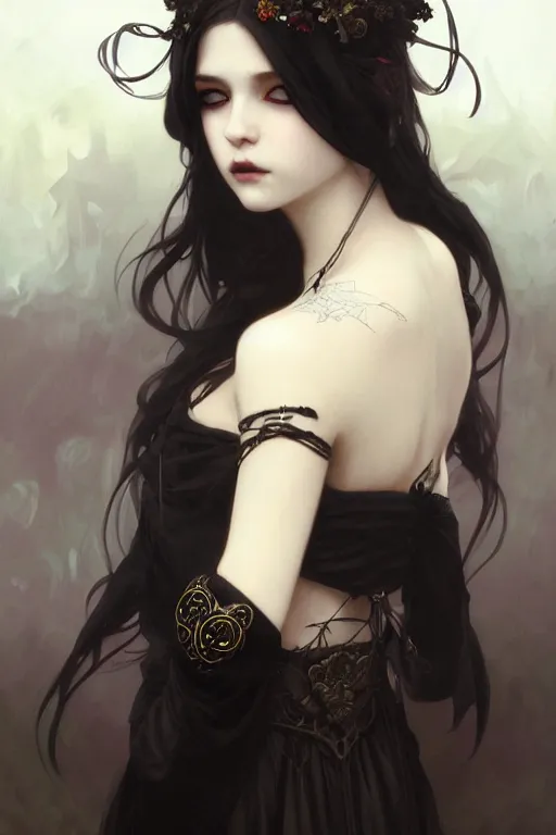 Prompt: portrait of radical lolita girl, dreamy and ethereal, dark eyes, peaceful expression, ornate goth dress, dark fantasy, chaotic, elegant, black crows flying, highly detailed, digital painting, artstation, concept art, smooth, sharp focus, illustration, art by artgerm and greg rutkowski and alphonse mucha