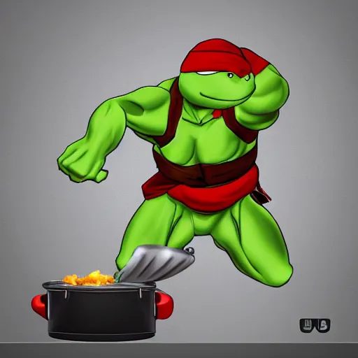 Prompt: teenage mutant ninja turtle michaelangelo with frying pan near kitchen stove, wearing white chef hat, frying nails, volumetric lighting, realistic, photo, artstation