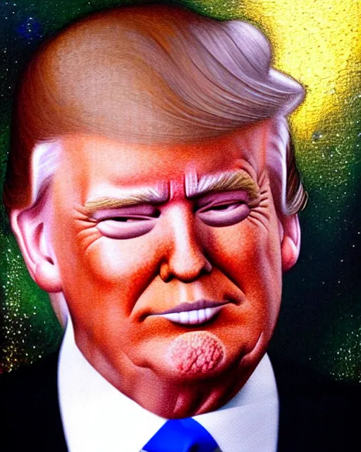 Prompt: donald trump with a subtle smirky smile painted by drew struzan, intrincate background, clear highly detailed, beautiful sci fi art