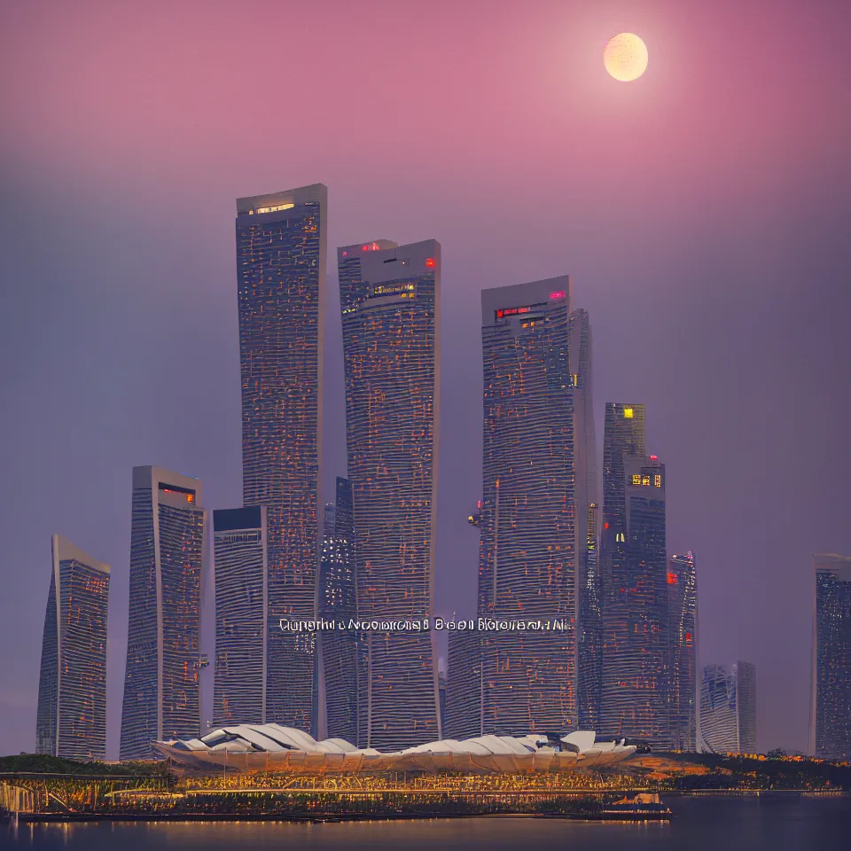 Image similar to a detailed painting overlooking the Marina Bay Sands in Singapore at dusk. By Robert Bechtle, Paul Kratter, Geri Keary, Simon Stålenhag. Digital art, warm, CGSociety, Octane. Trending on ArtStation, 8k, UHD, HDR