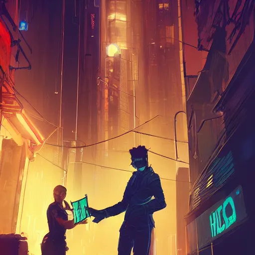 Image similar to two people haggling, detailed digital illustration by greg rutkowski, cyberpunk back alley, nighttime, colorful lighting, android netrunner