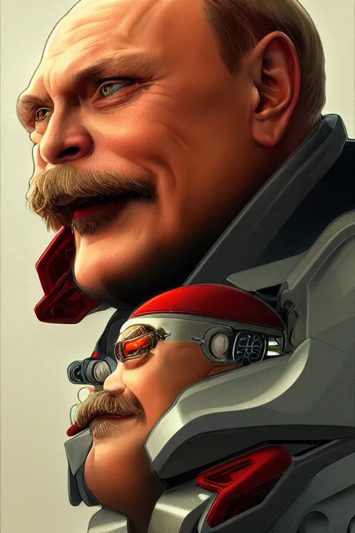 Image similar to vladimir putin as a robotnik, realistic portrait, symmetrical, highly detailed, digital painting, artstation, concept art, smooth, sharp focus, illustration, cinematic lighting, art by artgerm and greg rutkowski and alphonse mucha