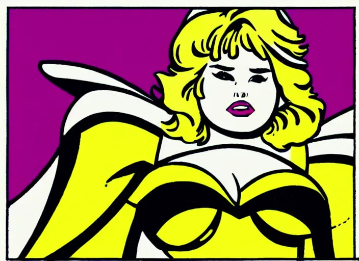 Image similar to a fat valkyrie. roy lichtenstein style. halftone dots. full color. comic book look