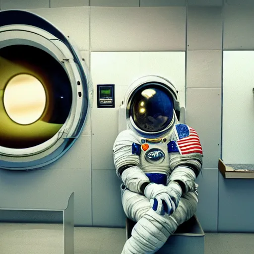 Image similar to a beautiful photo of an astronaut waiting in a laundromat, 1970', soft light, photorealistic, realistic, octane, 8k, cinematic shot