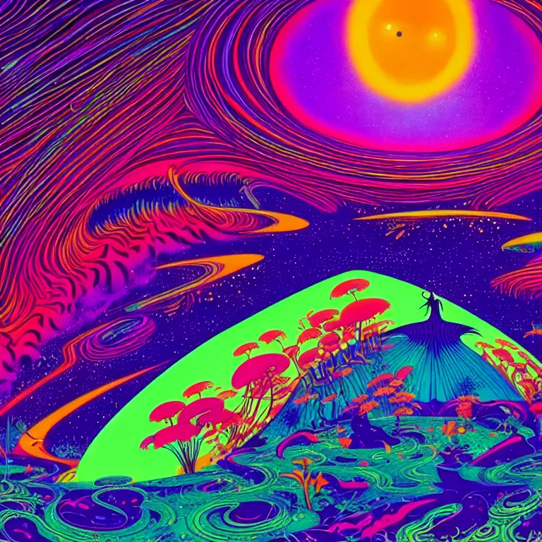 Image similar to psychedelic ringed planet, bright neon colors, highly detailed, cinematic, eyvind earle, tim white, philippe druillet, roger dean, lisa frank, aubrey beardsley