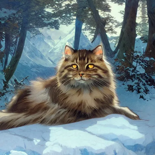 Image similar to Concept art, A shiny Siberian cat sitting by snow mountains, 8k, alphonse mucha, james gurney, greg rutkowski, john howe, artstation