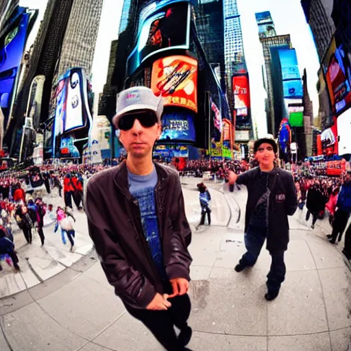 Prompt: award winning color photo, of all 3 Beastie boys, in New York times square, fisheye lens, detailed faces, 8k, balanced composition