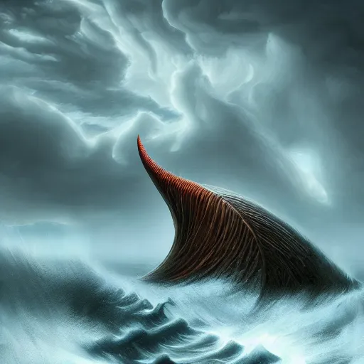 Image similar to giant from dune sandworm coming out of a stormy sea, lightning, highly detailed, beautiful light, epic, digital art, oil painting, award winning, fantasy artbook, 4 k