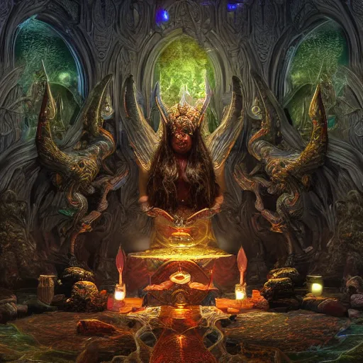 Image similar to Photorealistic magic elven shrine of the demon goddess. Hyperdetailed photorealism, 108 megapixels, amazing depth, glowing rich colors, powerful imagery, psychedelic Overtones, 3D finalrender, 3d shading, cinematic lighting, artstation concept art