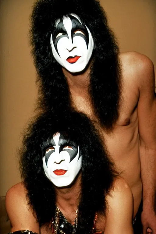 Image similar to portrait of lost member of rock band Kiss, 1975, 35mm lens, grainy